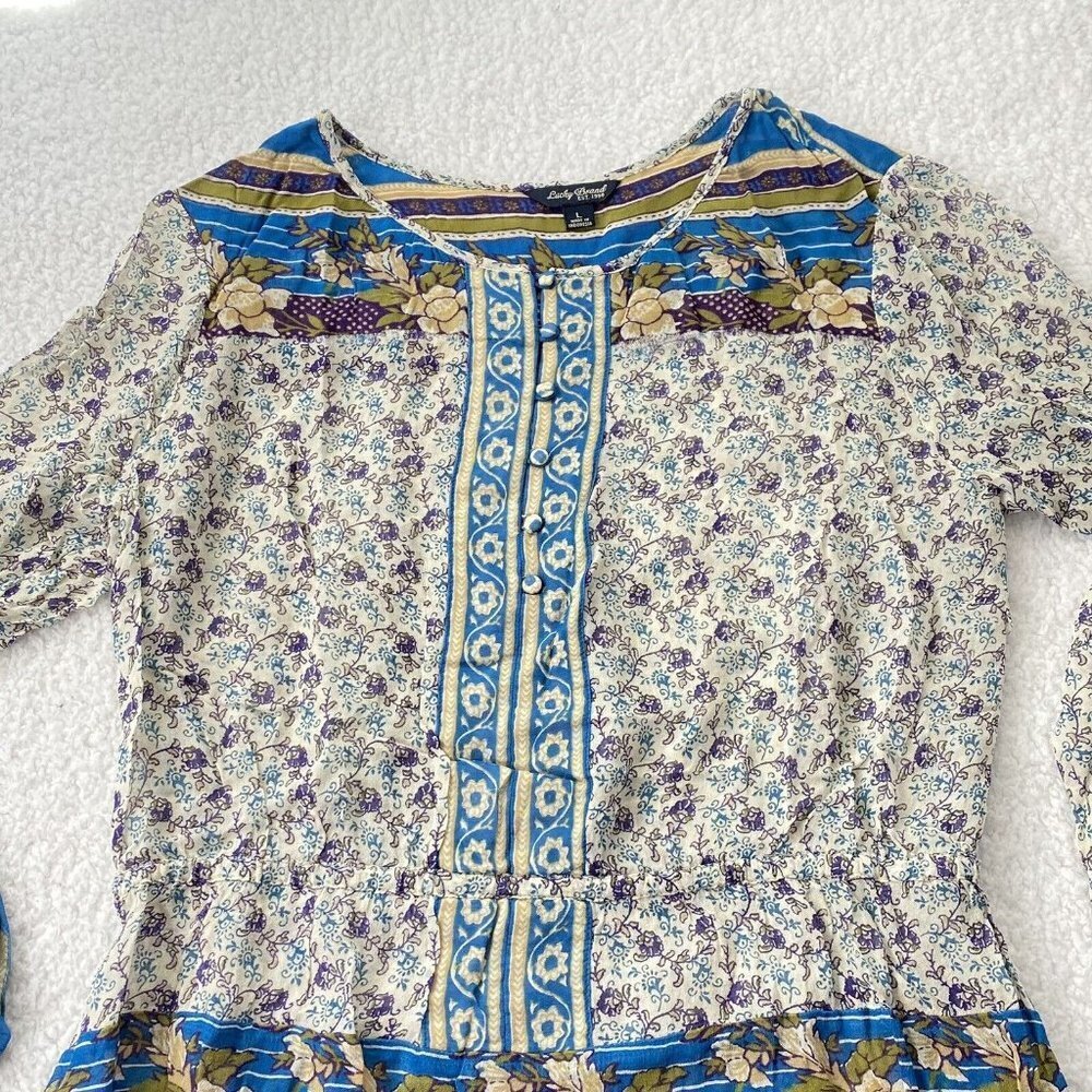 Lucky Brand Blouse Womens L Blue Purple Peasant Y2K Fairy Boho Festival‎ Artsy - Picture 2 of 16